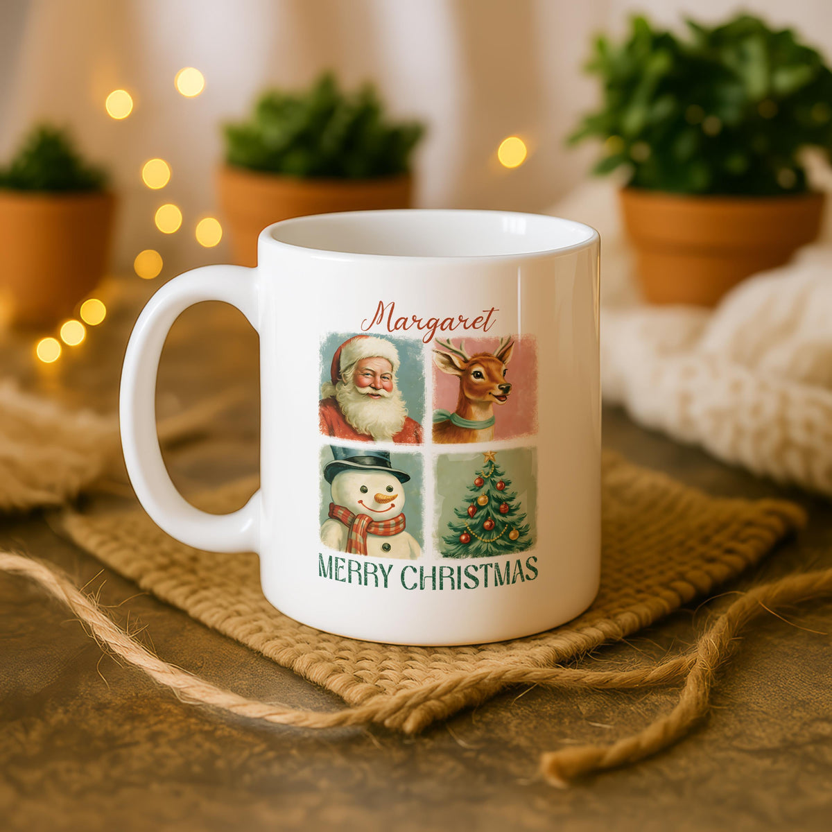 Personalized Christmas Ceramic Mug, Custom Name Coffee Cup, Festive Characters Tea Mug