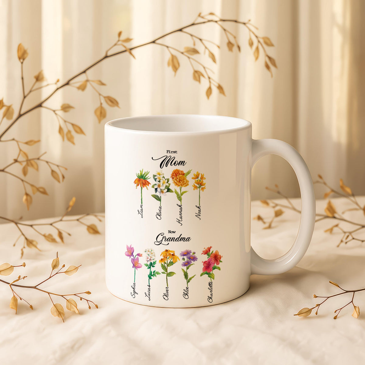 Personalized Grandma Birth Flower Mug, Custom Names Coffee Cup, Nana Gift