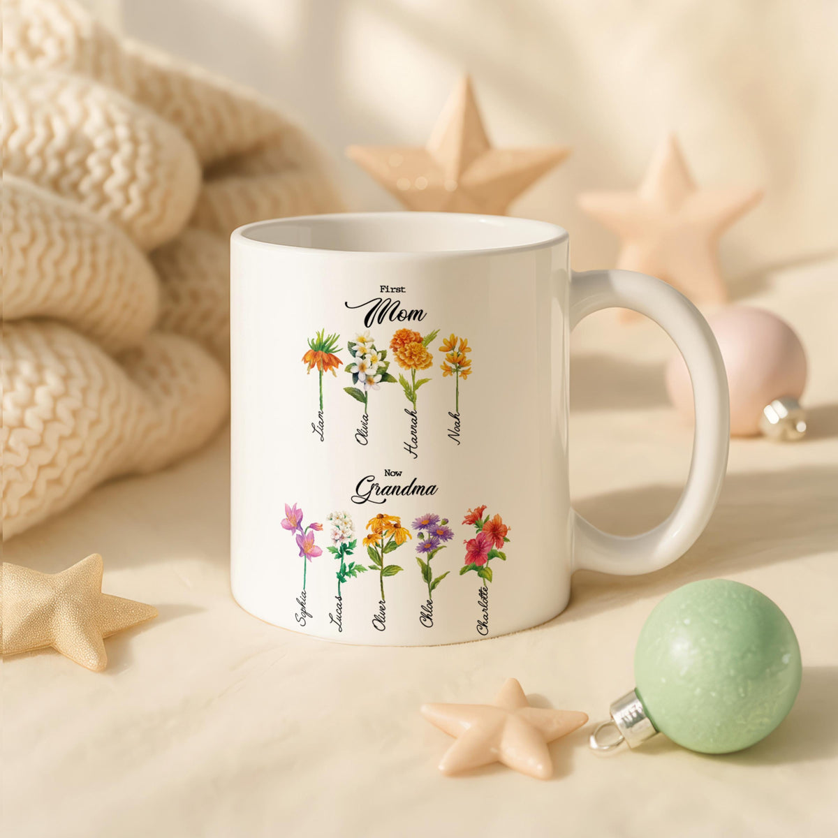 Personalized Grandma Birth Flower Mug, Custom Names Coffee Cup, Nana Gift