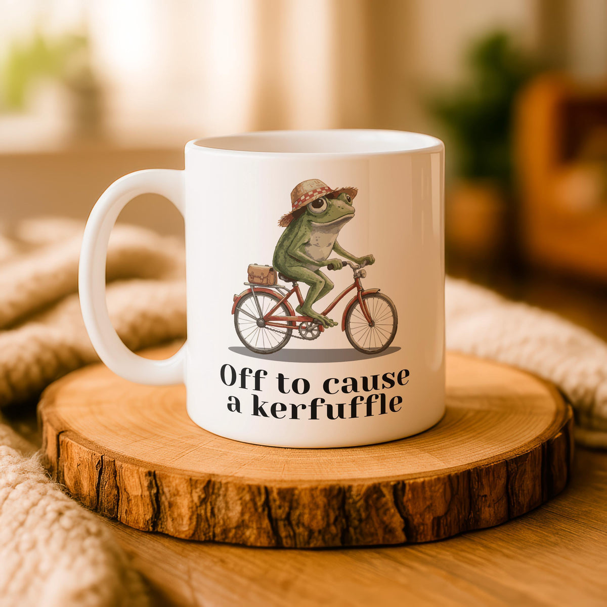 Funny Frog on Bike Ceramic Mug, Whimsical Coffee Cup, Customizable Tea Mug