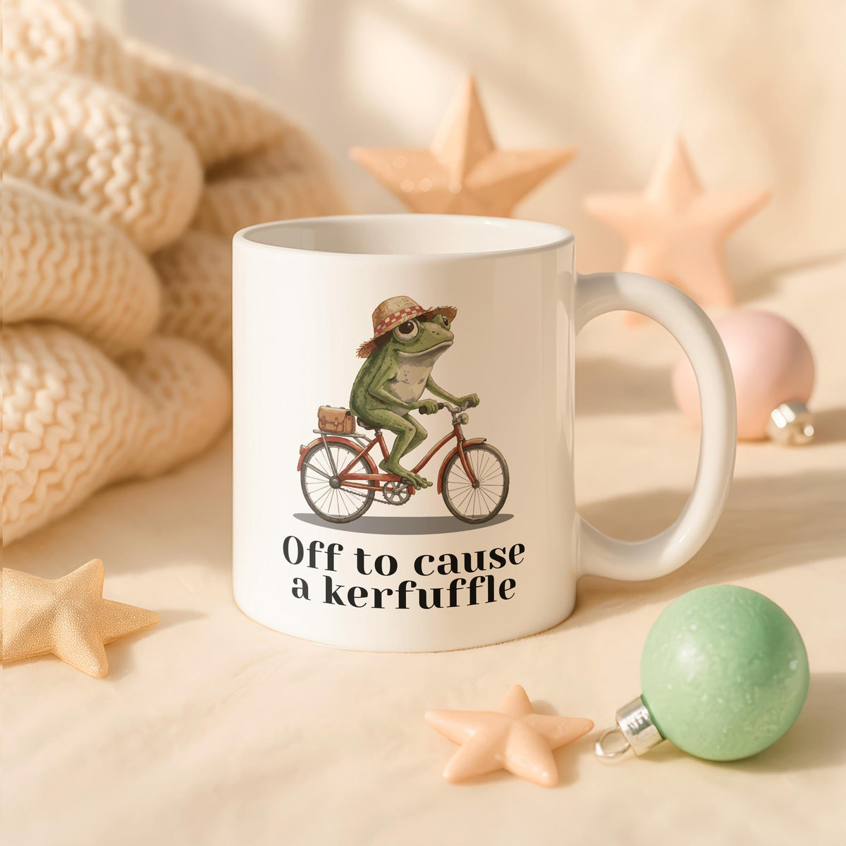 Funny Frog on Bike Ceramic Mug, Whimsical Coffee Cup, Customizable Tea Mug