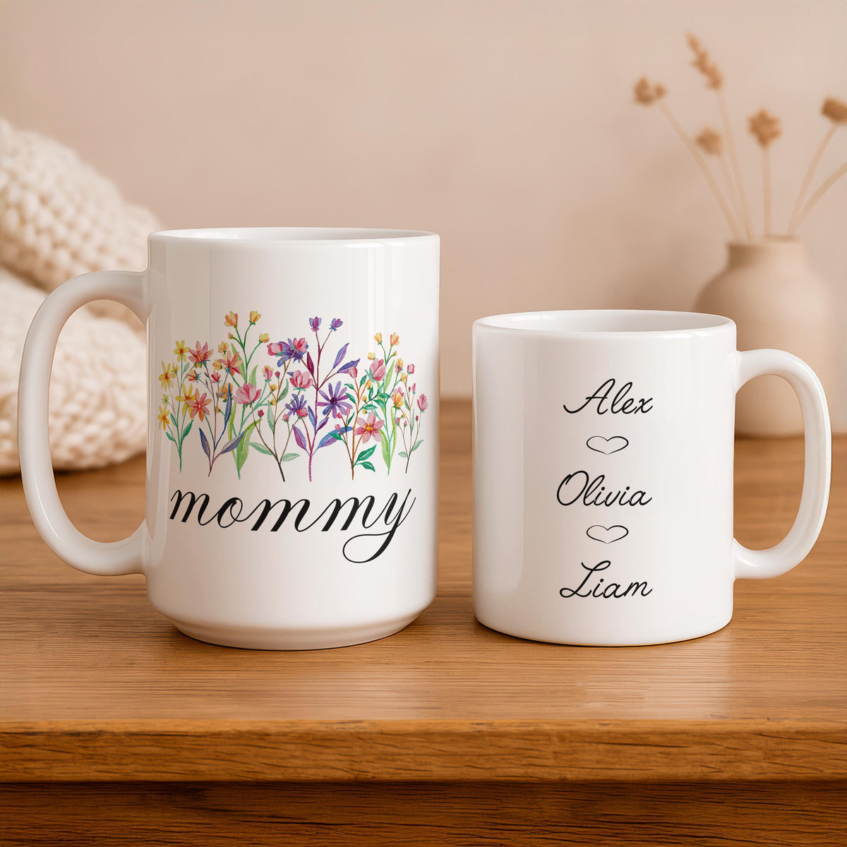 Custom Floral Mommy Mug, Personalized Family Ceramic Cup (11oz/15oz)