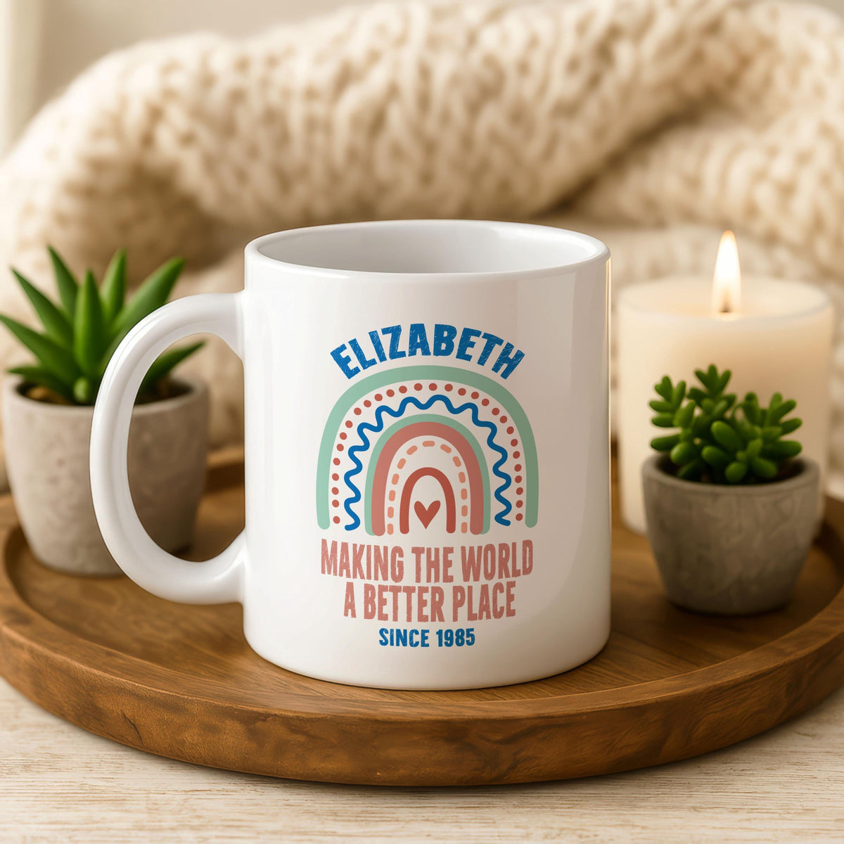 Personalized Rainbow Name Mug, Custom Birth Year Coffee Cup, Inspirational Ceramic Tea Gift