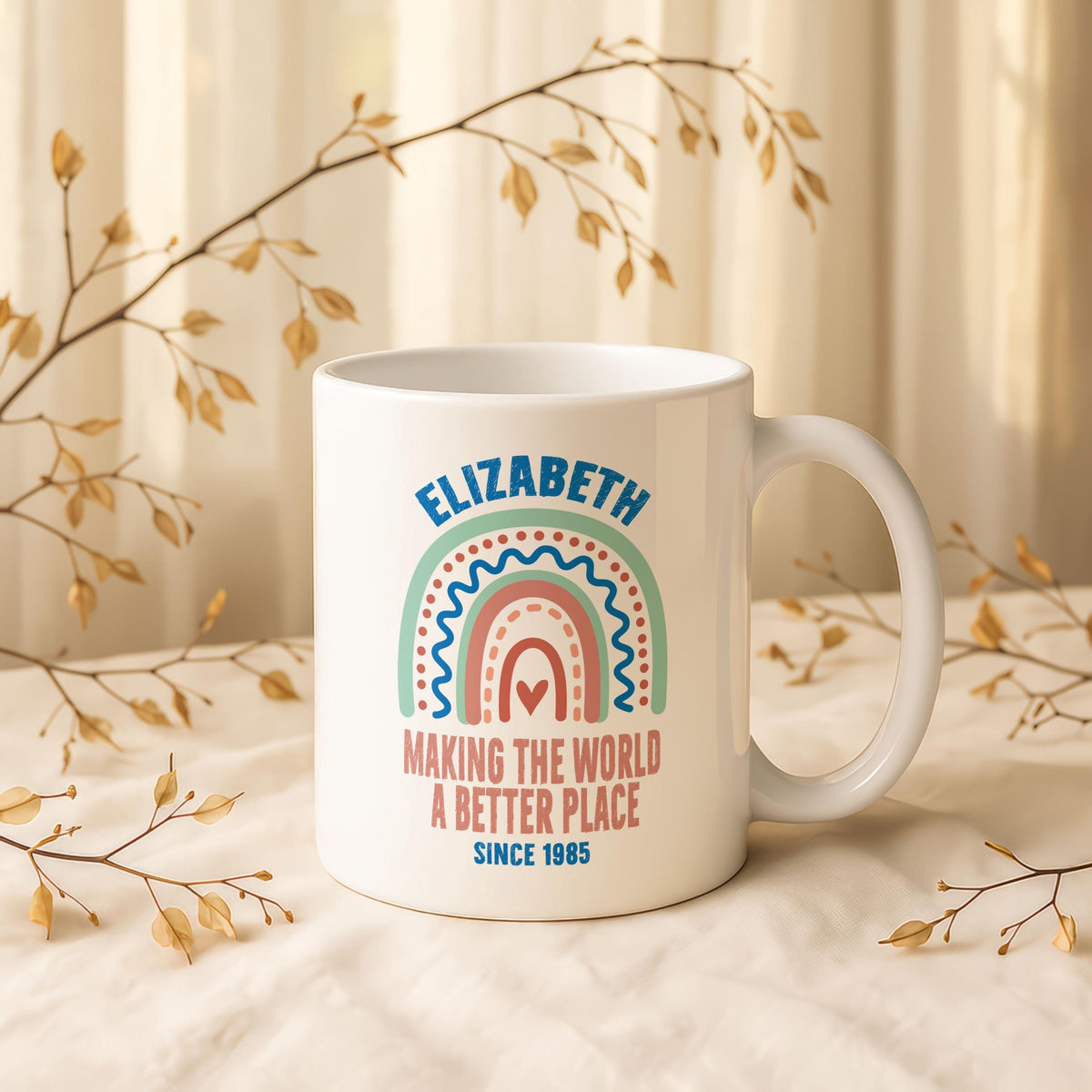 Personalized Rainbow Name Mug, Custom Birth Year Coffee Cup, Inspirational Ceramic Tea Gift
