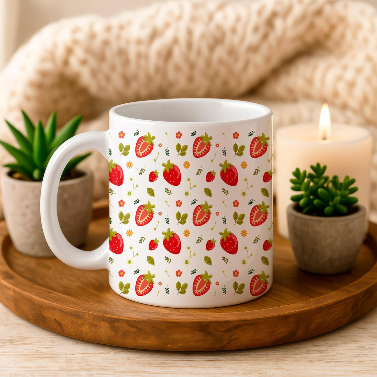 Strawberry Pattern Ceramic Mug, Summer Fruit Coffee Cup, Floral Tea Mug