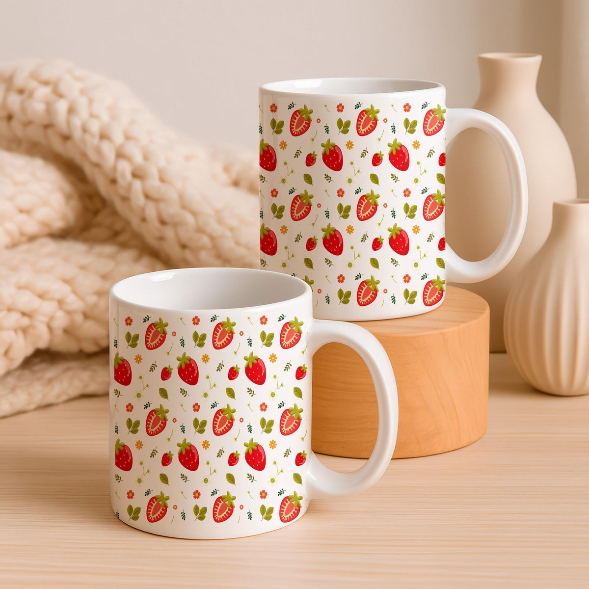 Strawberry Pattern Ceramic Mug, Summer Fruit Coffee Cup, Floral Tea Mug