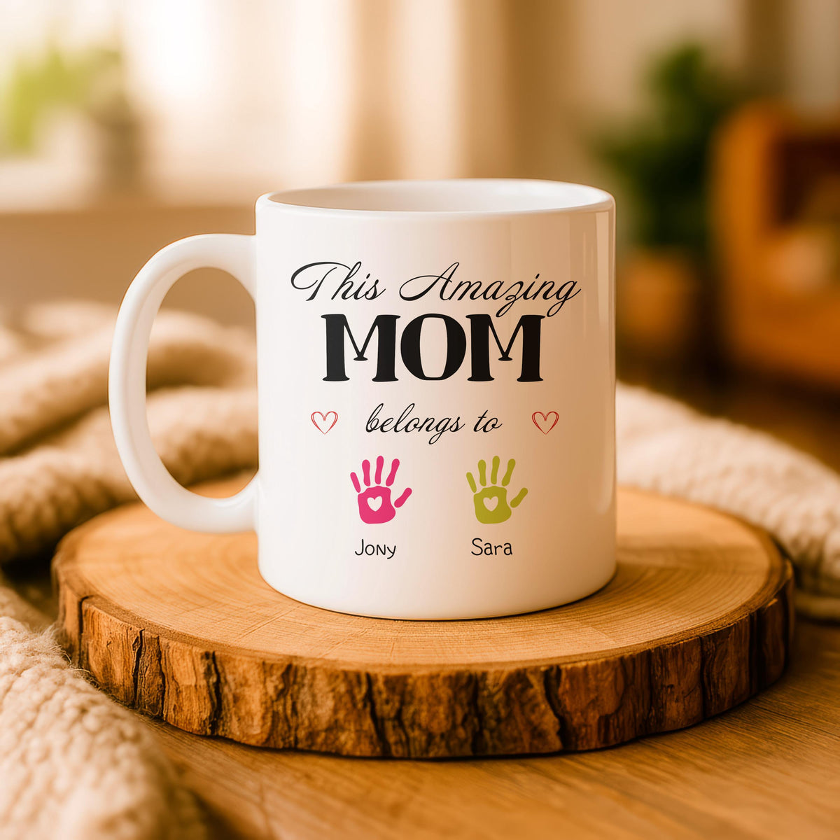 Personalized Mom Mug, Kids Handprint Names, Ceramic Coffee Cup (11oz/15oz)