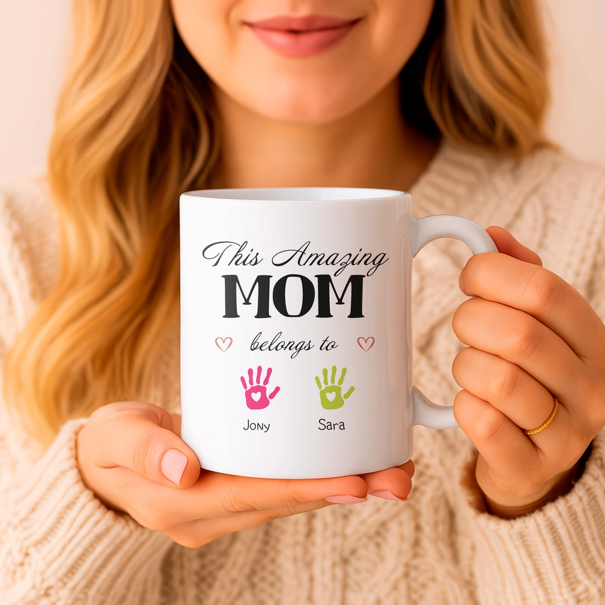 Personalized Mom Mug, Kids Handprint Names, Ceramic Coffee Cup (11oz/15oz)
