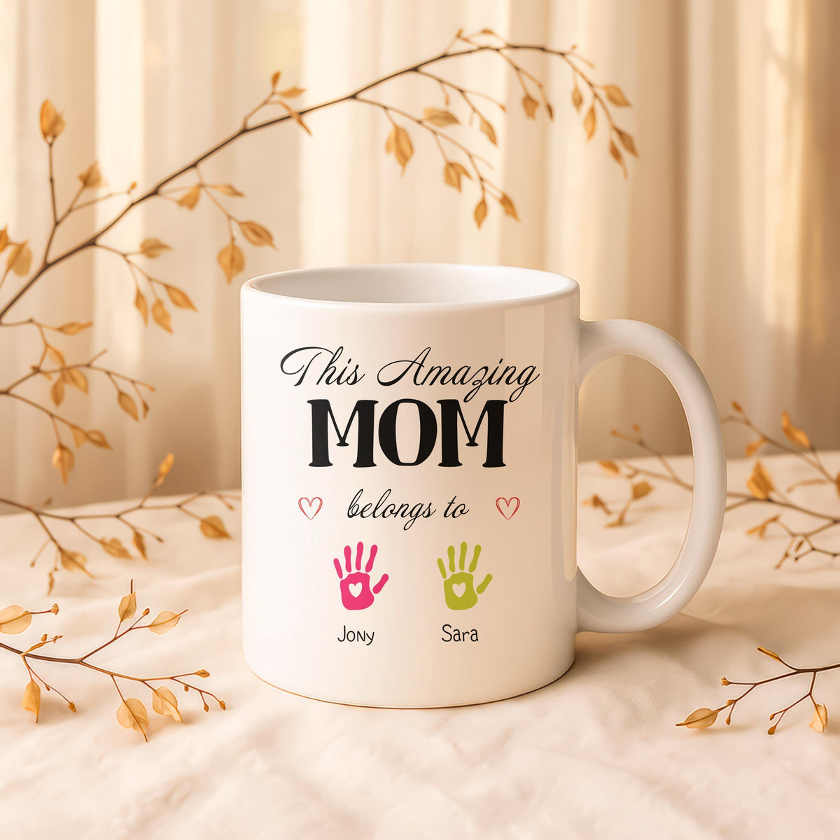 Personalized Mom Mug, Kids Handprint Names, Ceramic Coffee Cup (11oz/15oz)