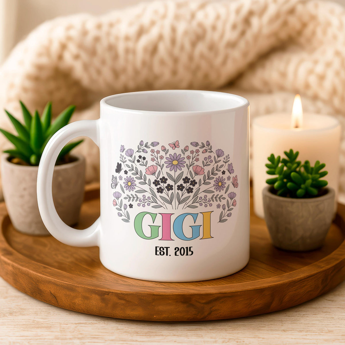 Personalized Floral Grandma Mug, Custom Grandkids Names Coffee Cup, Gigi Est Year Ceramic Mug