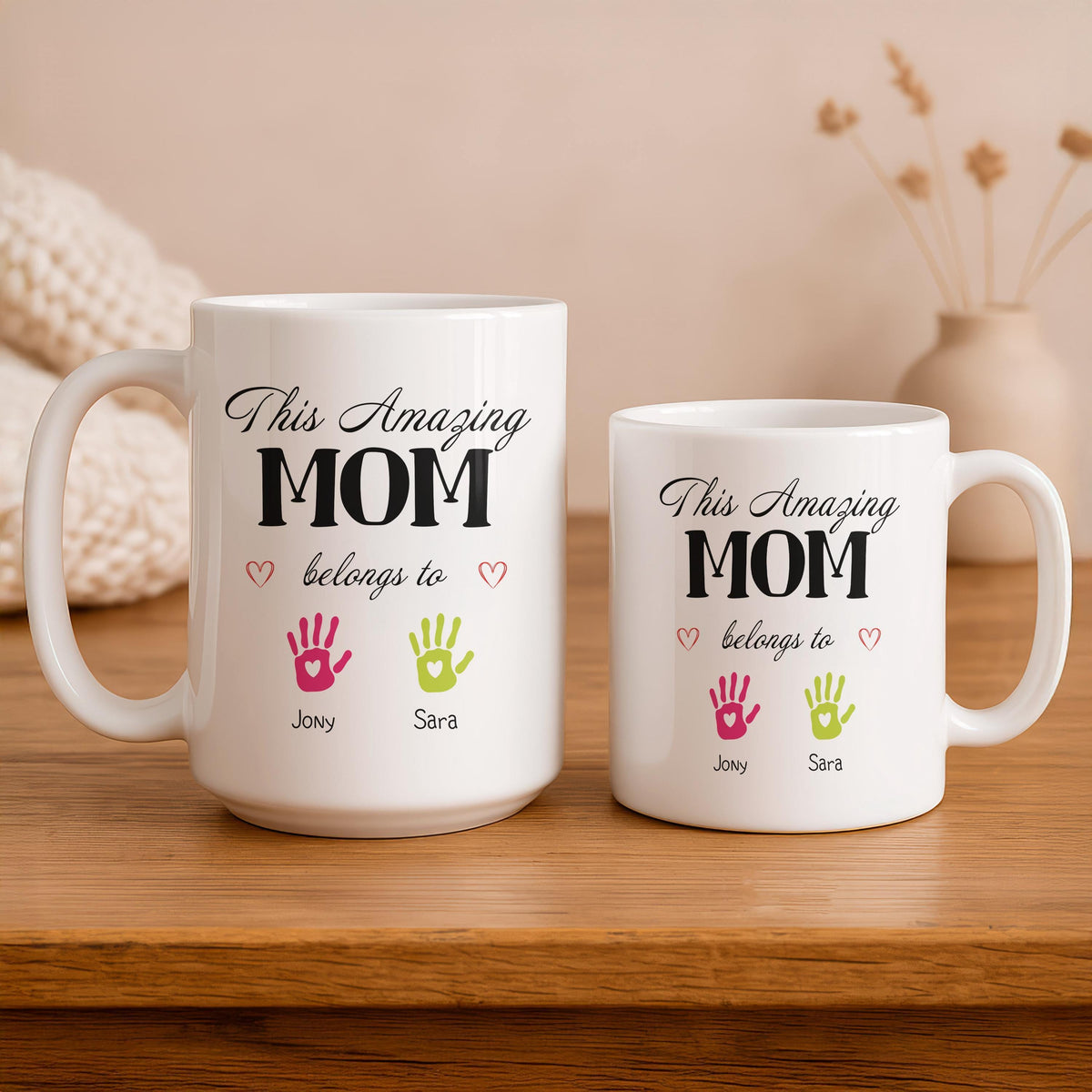 Personalized Mom Mug, Kids Handprint Names, Ceramic Coffee Cup (11oz/15oz)