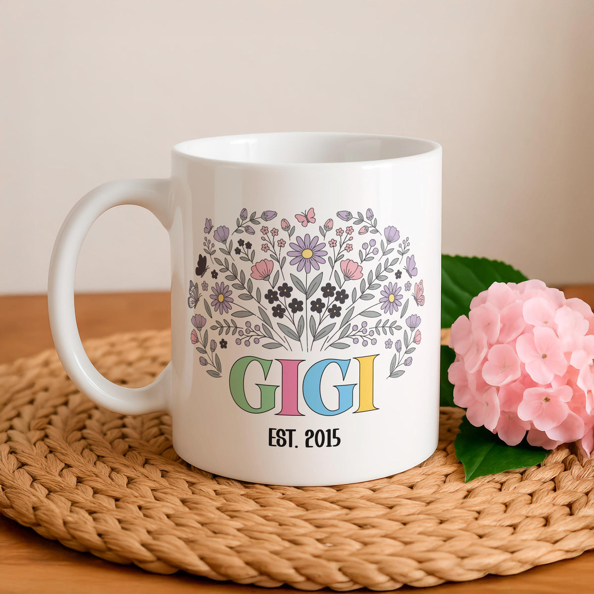 Personalized Floral Grandma Mug, Custom Grandkids Names Coffee Cup, Gigi Est Year Ceramic Mug
