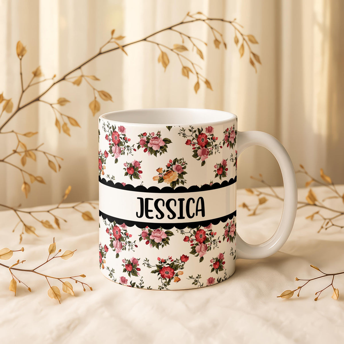 Custom Floral Ceramic Mug, Vintage Roses Tea Cup, Personalized Name Pottery Gift