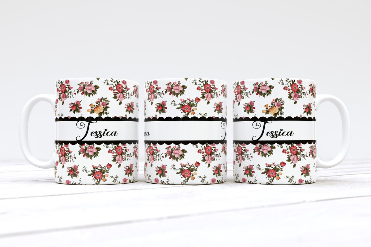 Custom Floral Ceramic Mug, Vintage Roses Tea Cup, Personalized Name Pottery Gift