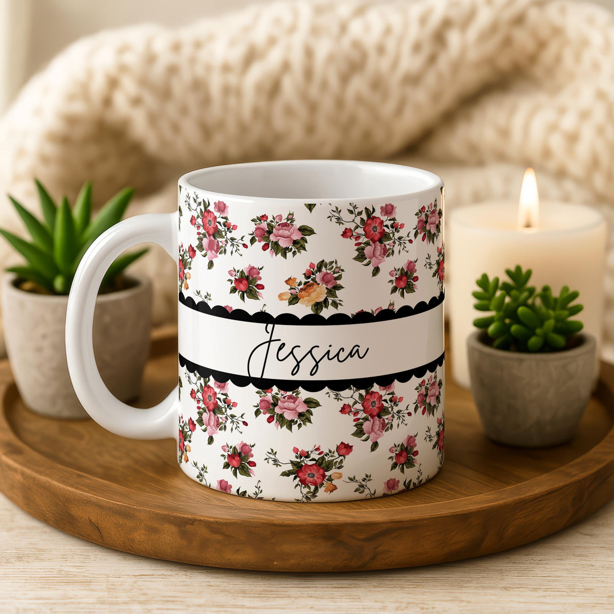 Custom Floral Ceramic Mug, Vintage Roses Tea Cup, Personalized Name Pottery Gift