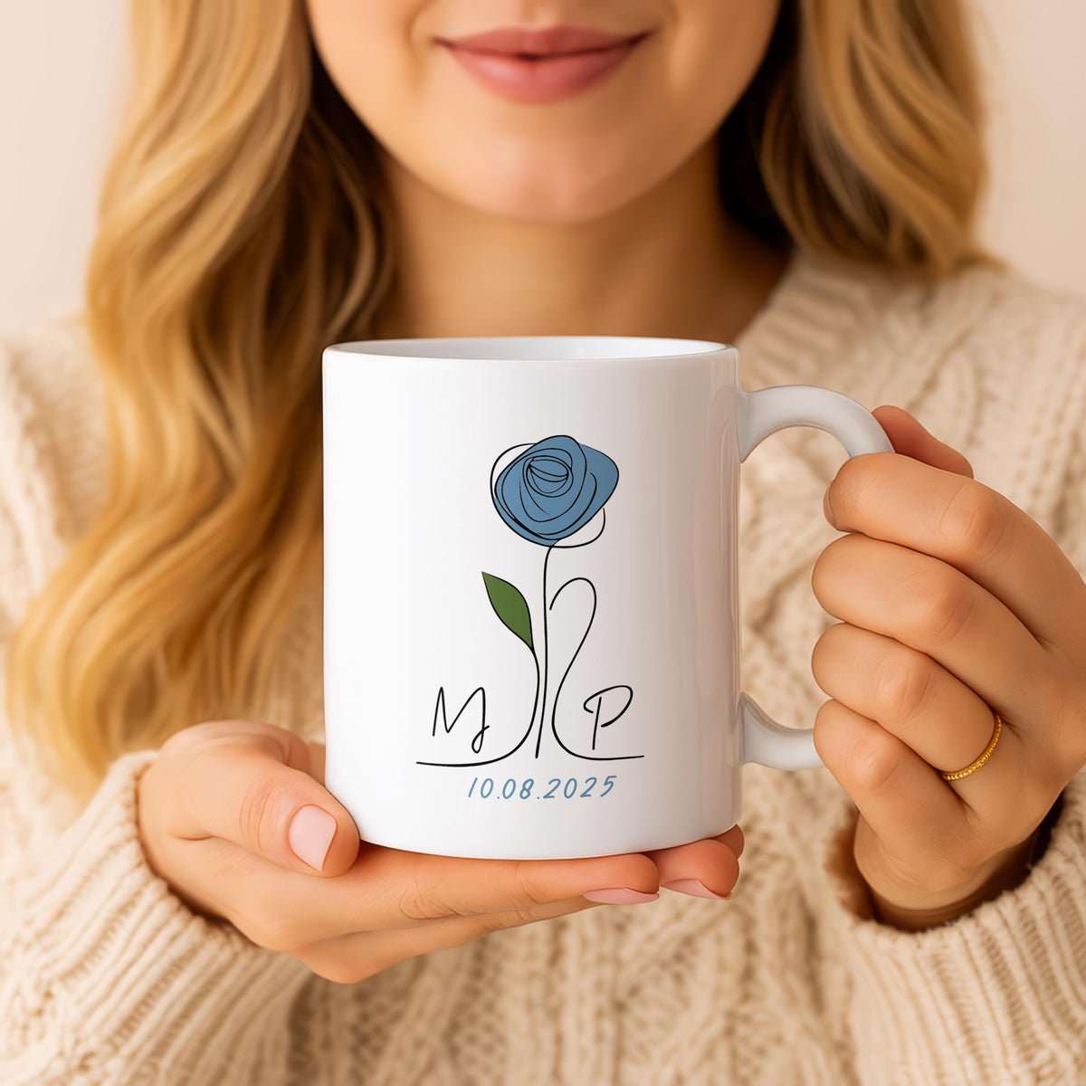 Personalized Line Art Rose Ceramic Mug, Custom Monogram Coffee Cup