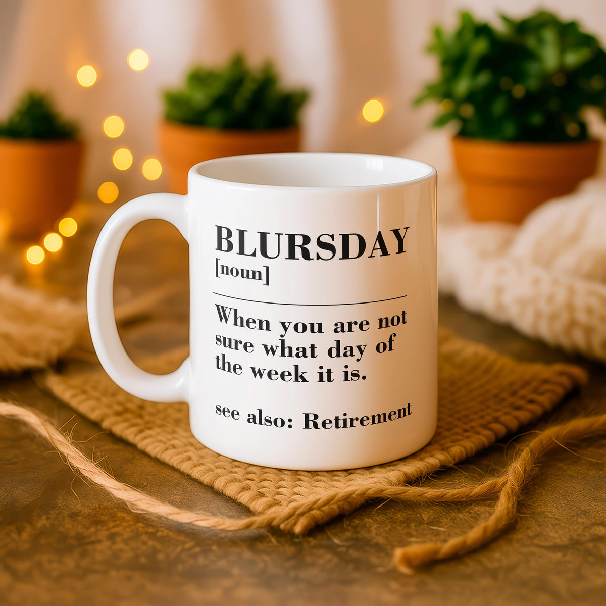 Funny Retirement Mug, Blursday Coffee Cup, Personalized Name Year Ceramic Mug