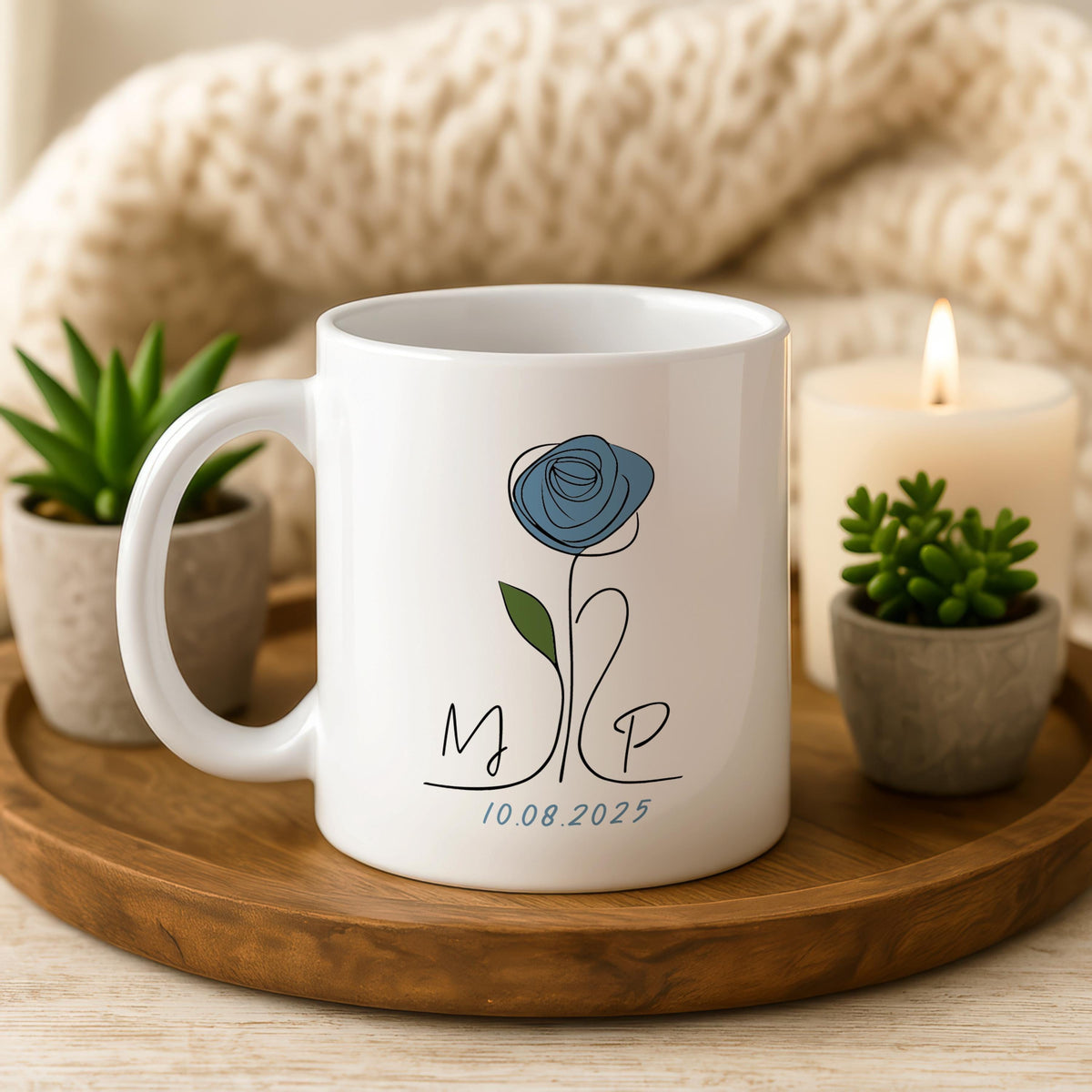 Personalized Line Art Rose Ceramic Mug, Custom Monogram Coffee Cup