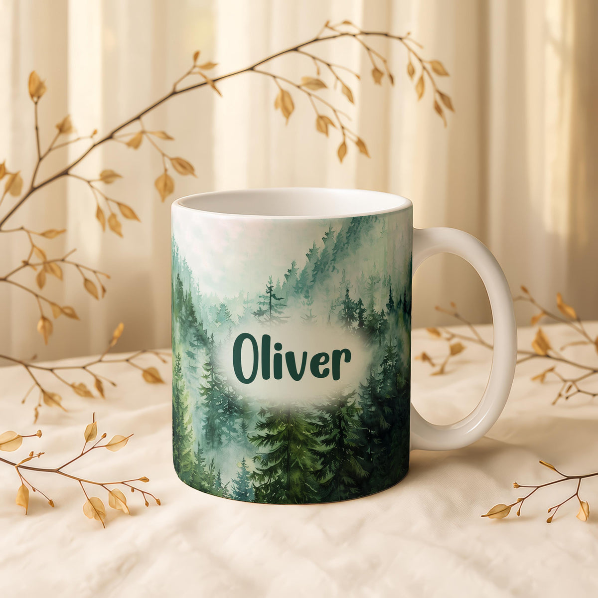 Custom Name Forest Mug, Personalized Ceramic Coffee Cup, Evergreen Trees Landscape Gift
