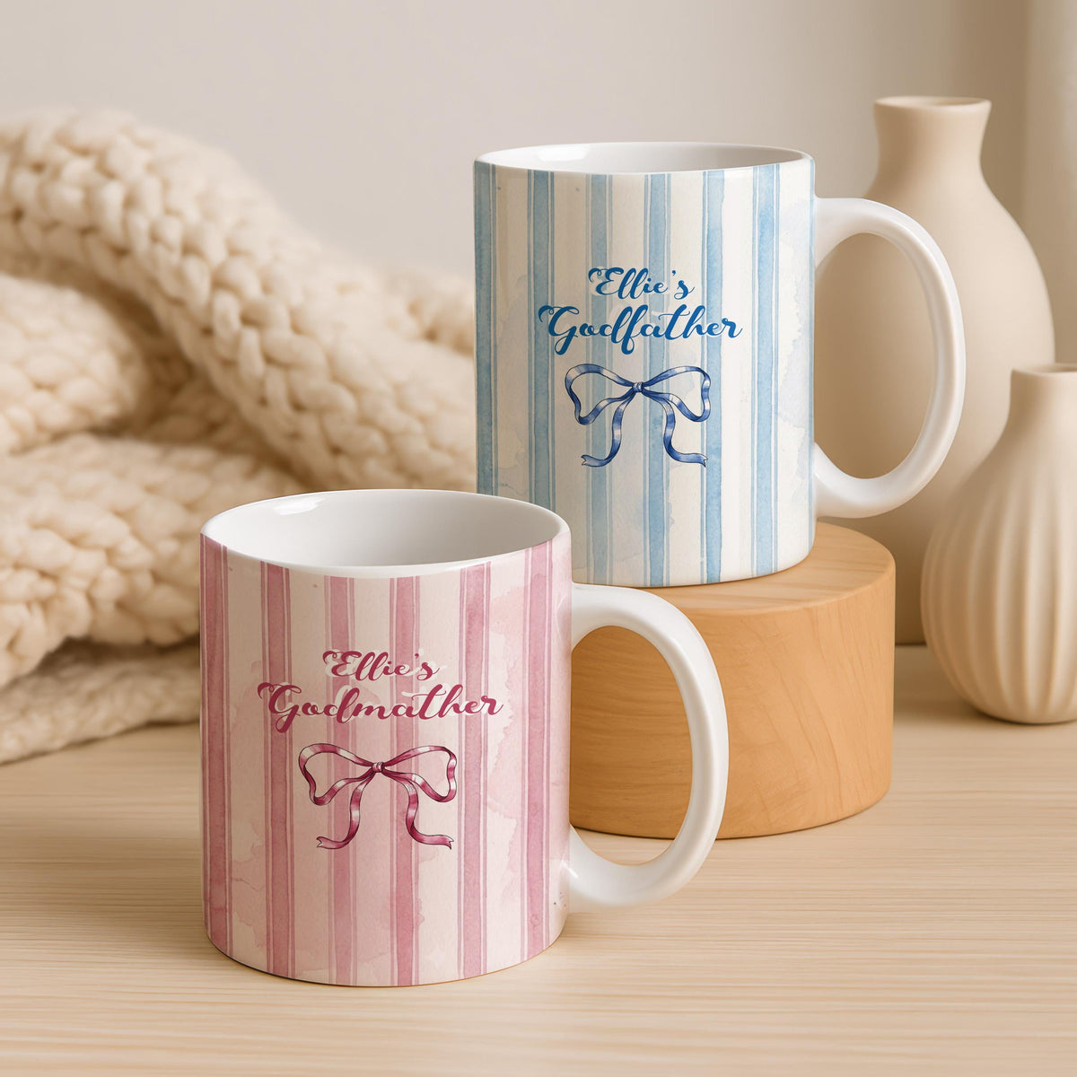 Personalized Godmother Godfather Mug, Custom Name Ceramic Coffee Cup, Pink Blue Bow Design