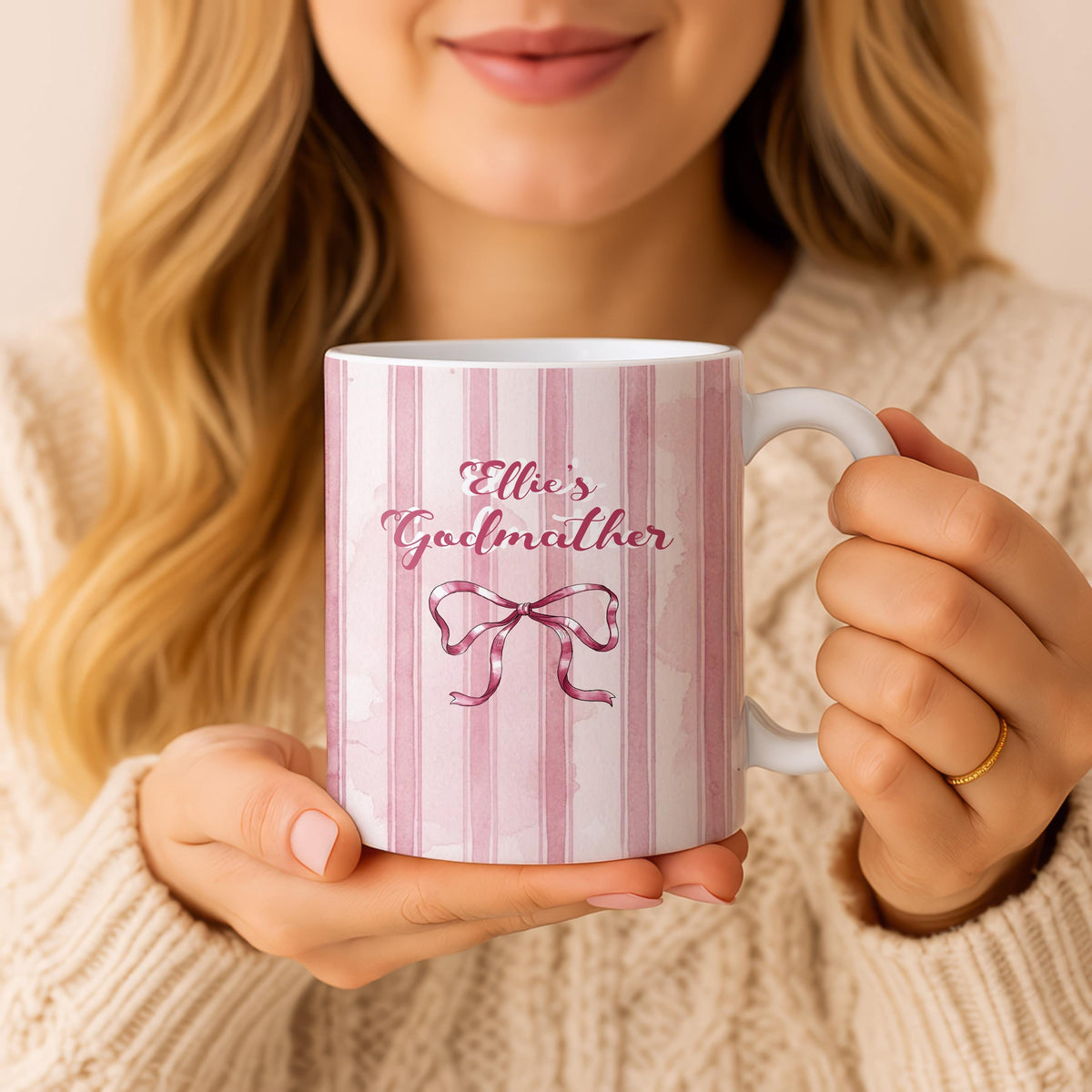 Personalized Godmother Godfather Mug, Custom Name Ceramic Coffee Cup, Pink Blue Bow Design