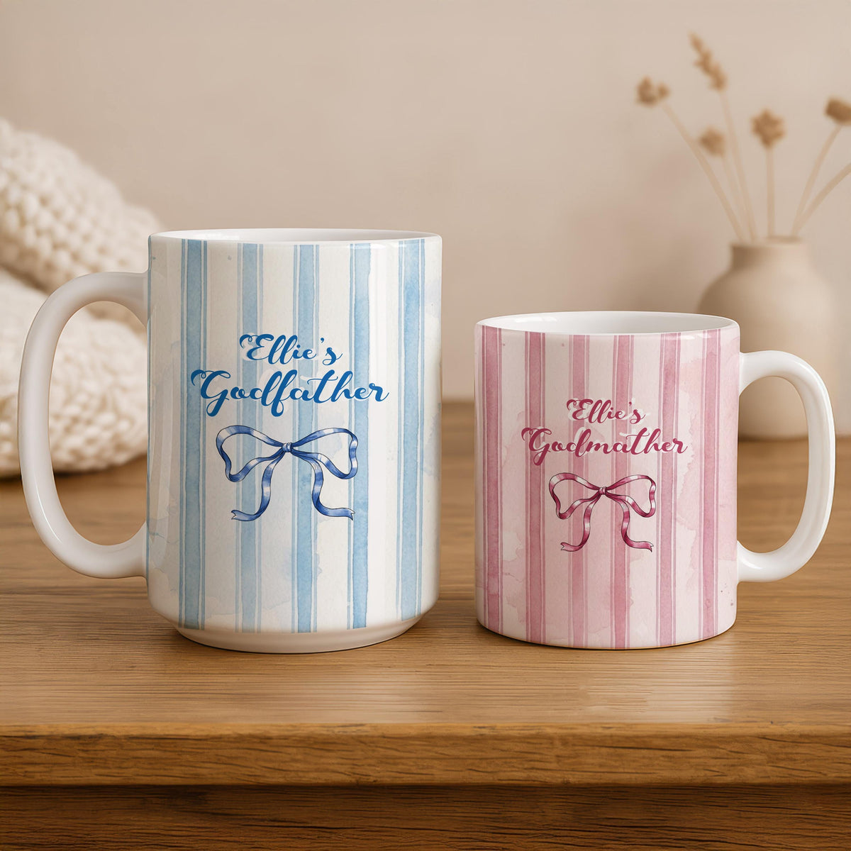 Personalized Godmother Godfather Mug, Custom Name Ceramic Coffee Cup, Pink Blue Bow Design