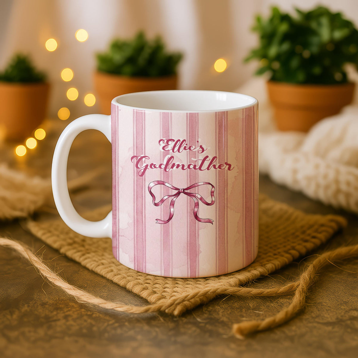 Personalized Godmother Godfather Mug, Custom Name Ceramic Coffee Cup, Pink Blue Bow Design