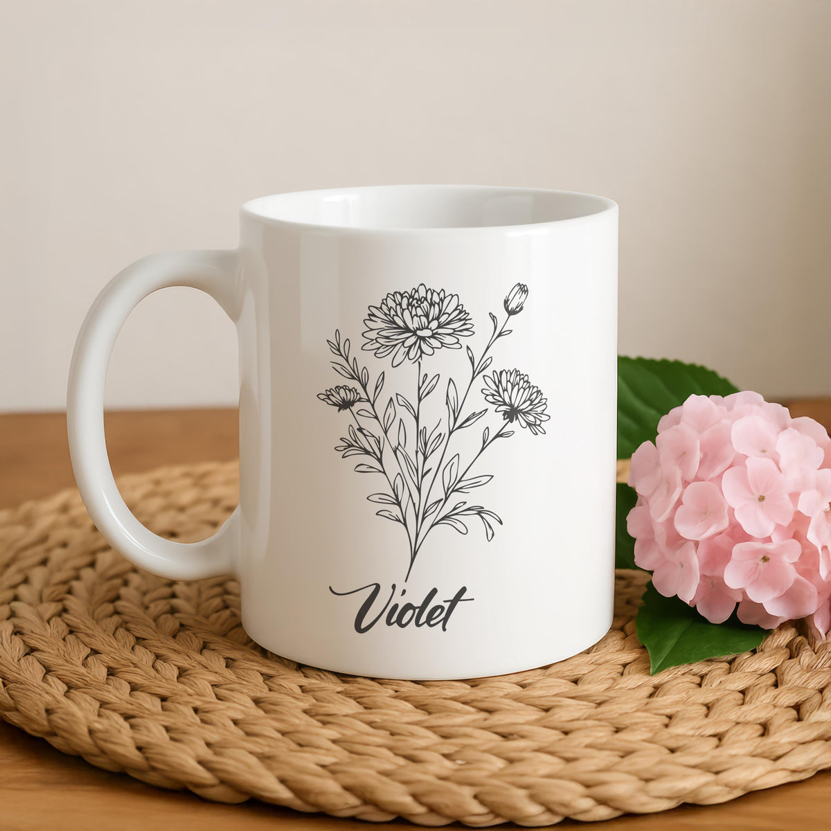Personalized Birth Flower Ceramic Mug, Custom Floral Coffee Cup, Name Gift
