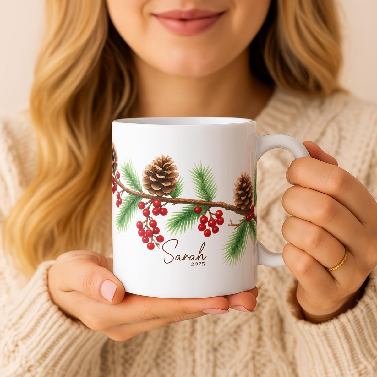 Personalized Pinecone Berry Christmas Mug, Custom Name Ceramic Coffee Cup