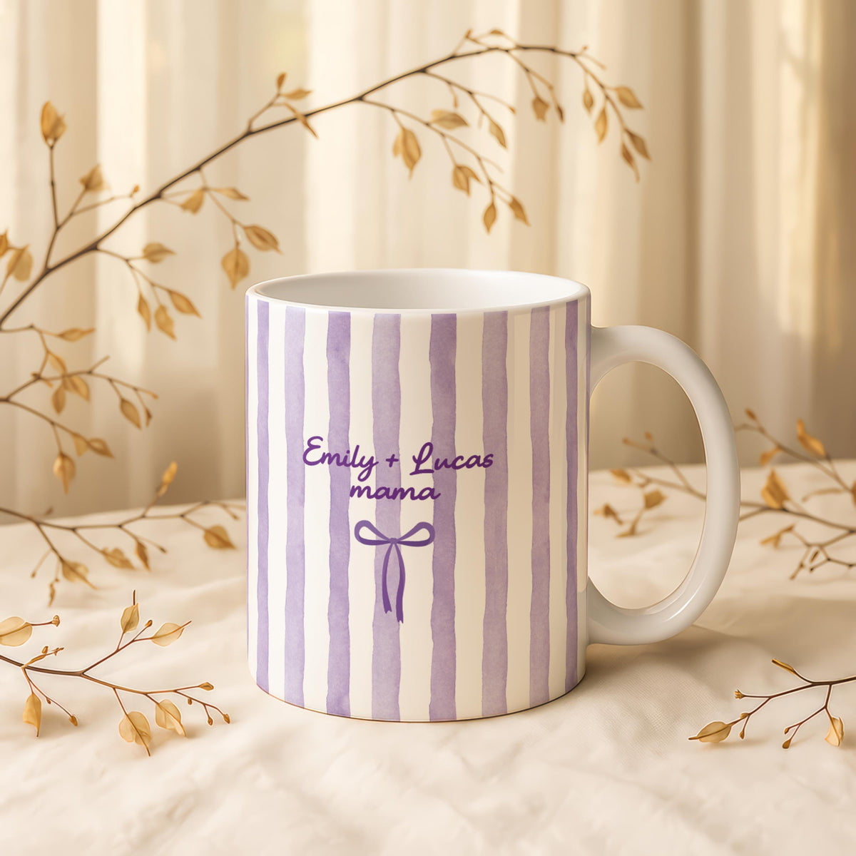 Personalized Mama Mug, Custom Kids Names, Stripe Bow Coffee Cup