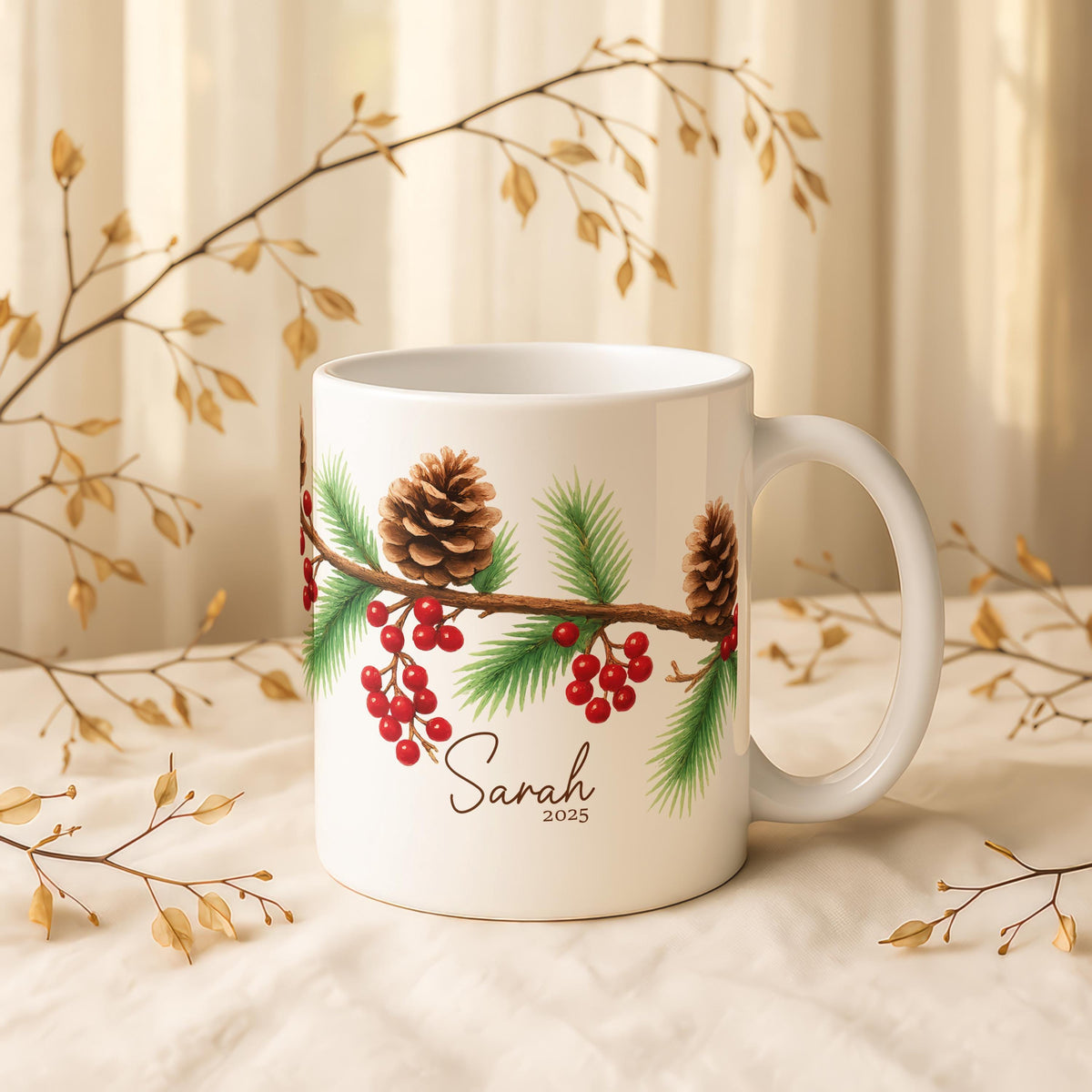 Personalized Pinecone Berry Christmas Mug, Custom Name Ceramic Coffee Cup
