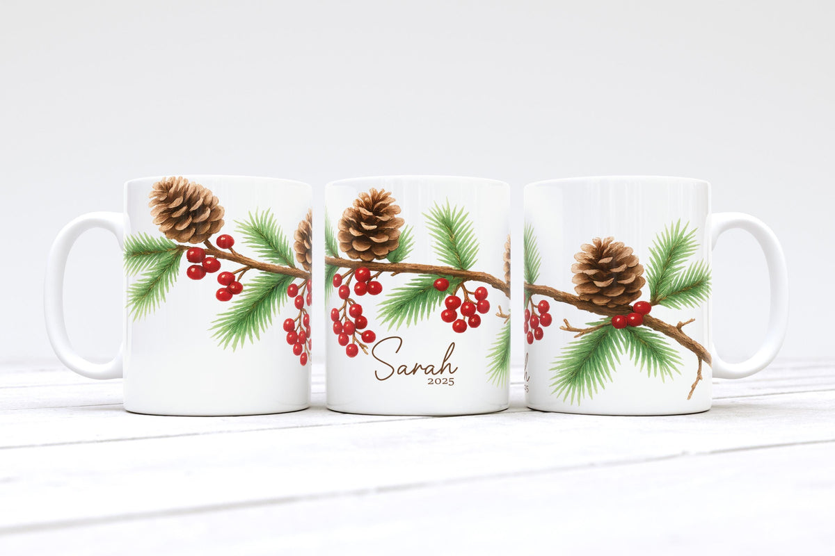 Personalized Pinecone Berry Christmas Mug, Custom Name Ceramic Coffee Cup