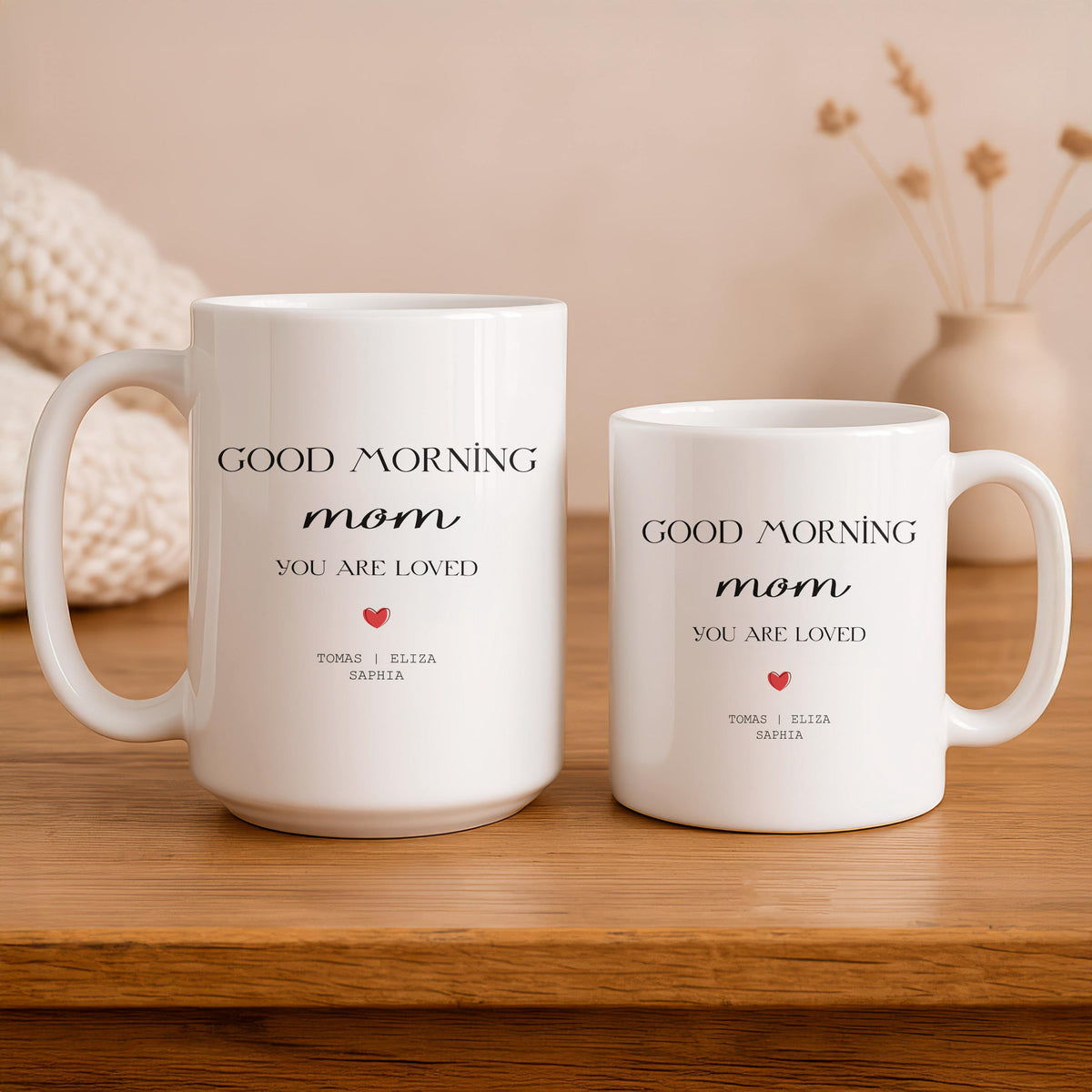 Personalized Good Morning Mom Mug, Custom Kids Names, Ceramic Coffee Cup