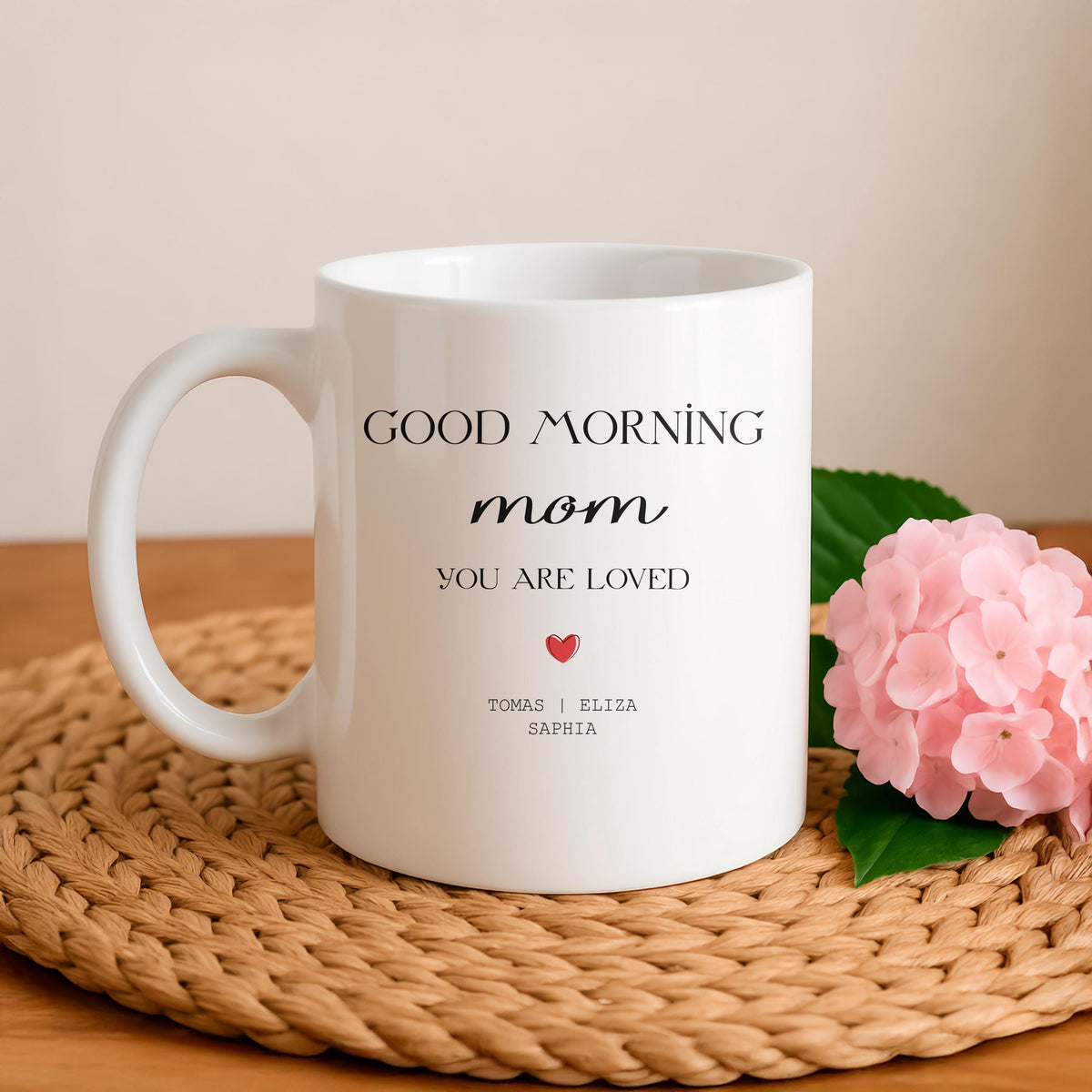 Personalized Good Morning Mom Mug, Custom Kids Names, Ceramic Coffee Cup