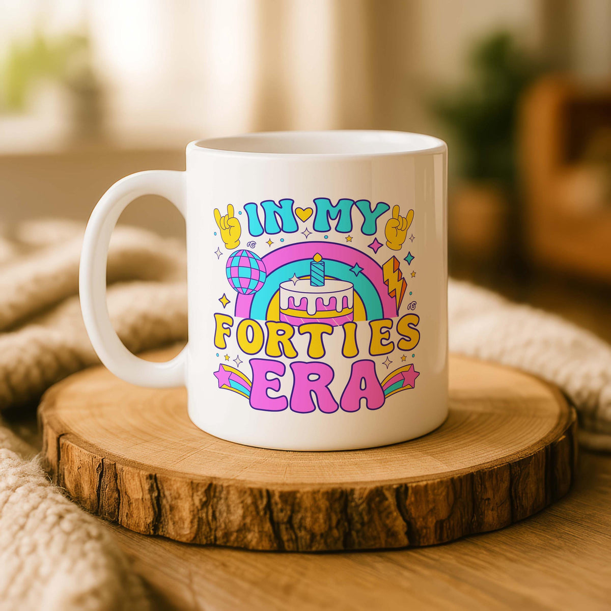 In My Forties Era Ceramic Mug, Retro Birthday Cake Coffee Cup, Rainbow Design