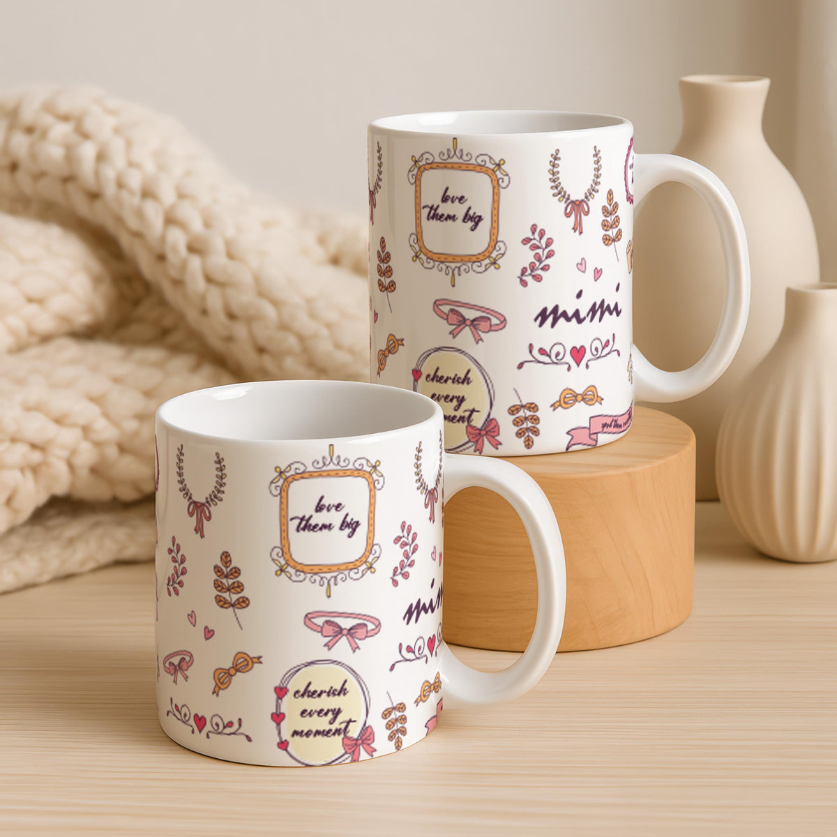 Mimi Coffee Mug, Pink Bow Ceramic Cup, Gift For Grandma, Big Tea Cup