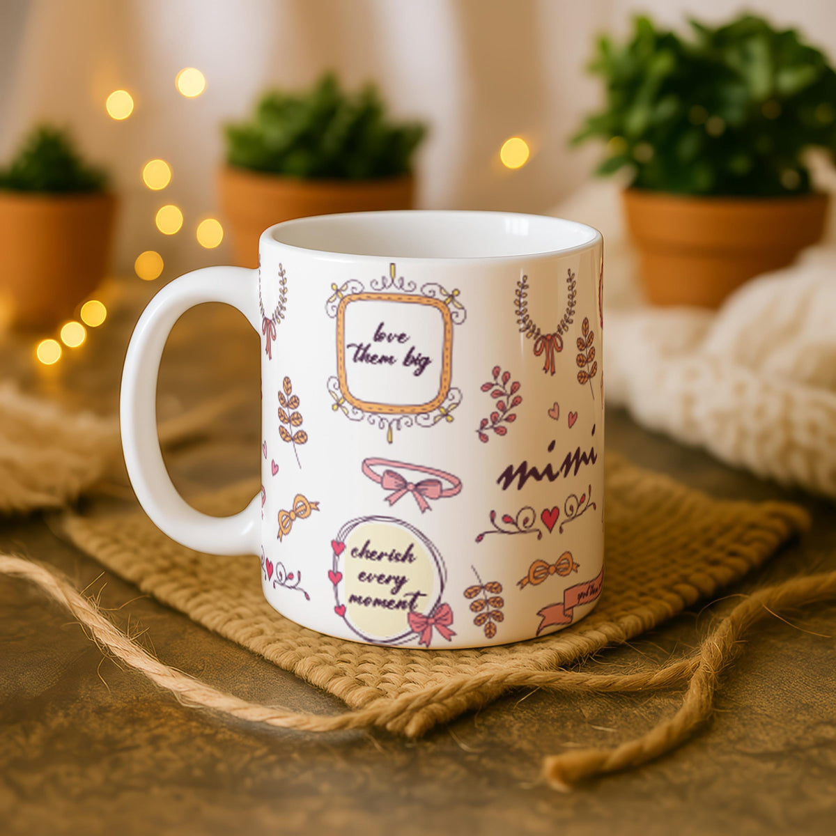 Mimi Coffee Mug, Pink Bow Ceramic Cup, Gift For Grandma, Big Tea Cup
