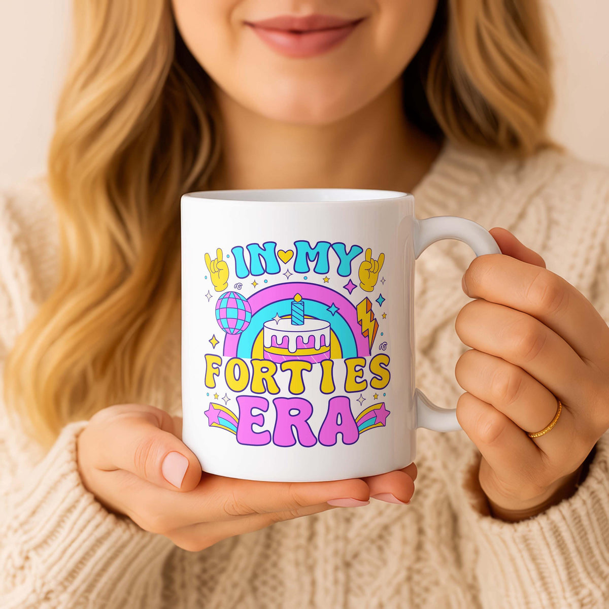 In My Forties Era Ceramic Mug, Retro Birthday Cake Coffee Cup, Rainbow Design