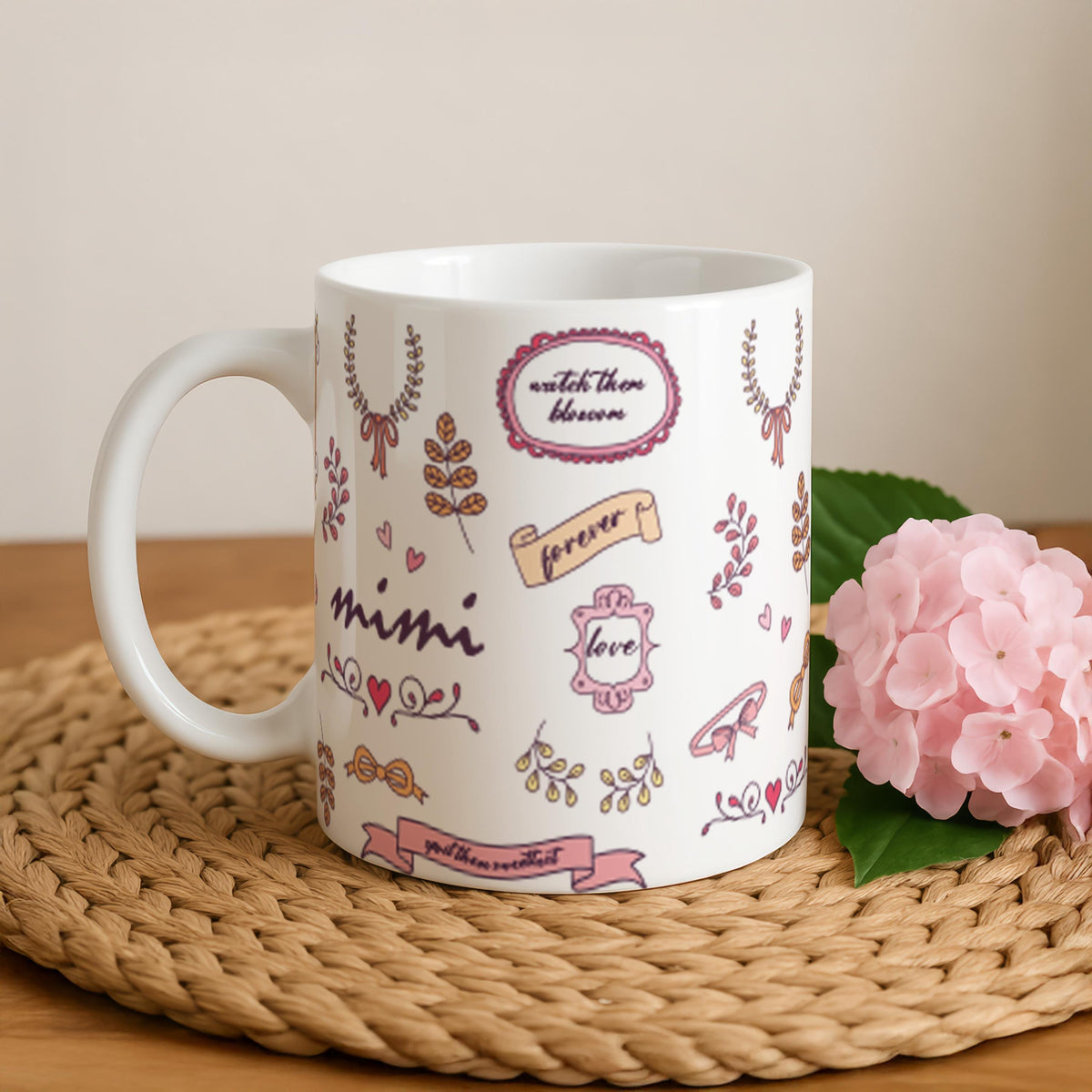 Mimi Coffee Mug, Pink Bow Ceramic Cup, Gift For Grandma, Big Tea Cup