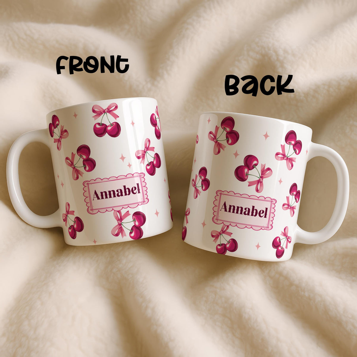 Custom Cherry Name Mug, Personalized Pink Bow Coffee Cup, Girly Pottery Tea Mug
