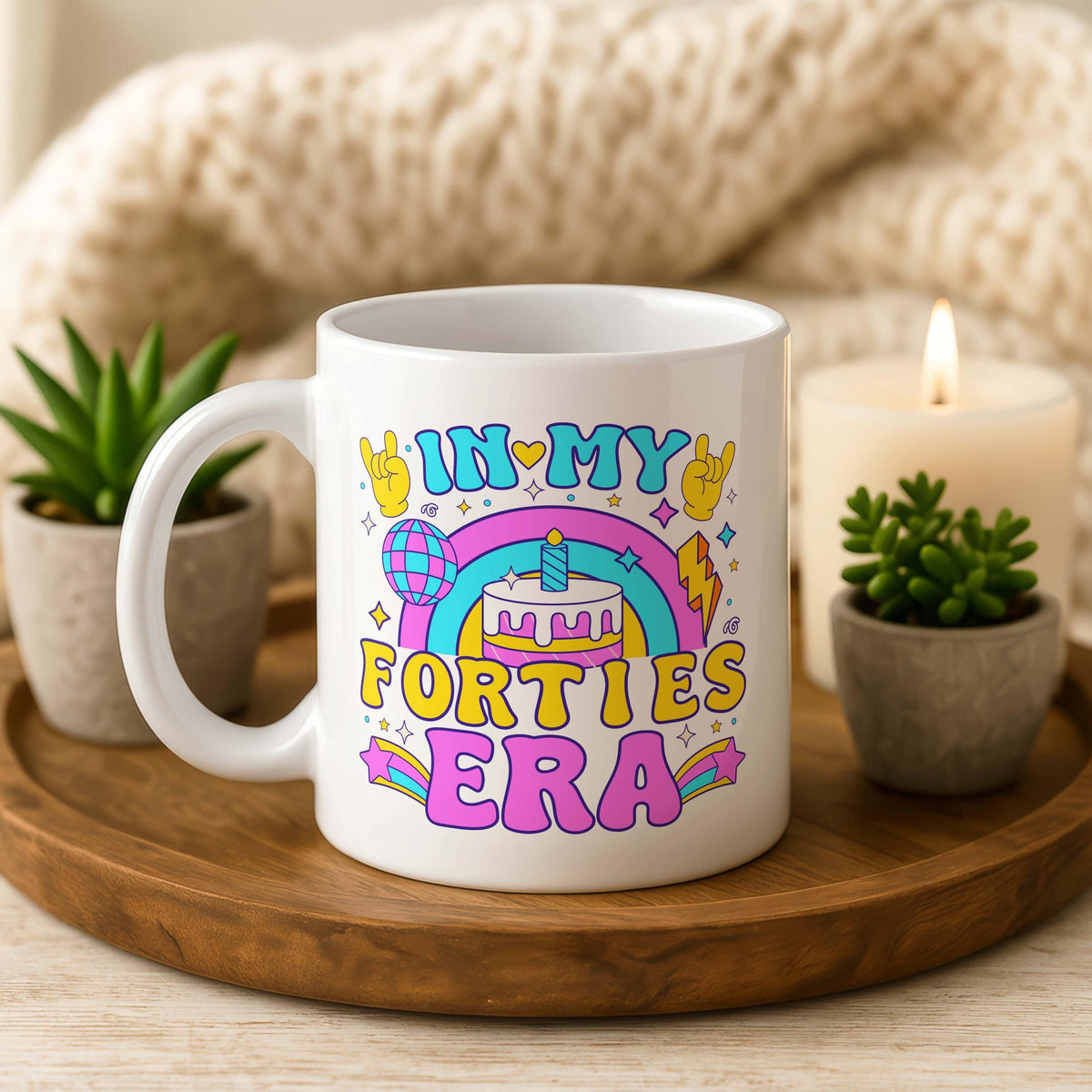 In My Forties Era Ceramic Mug, Retro Birthday Cake Coffee Cup, Rainbow Design