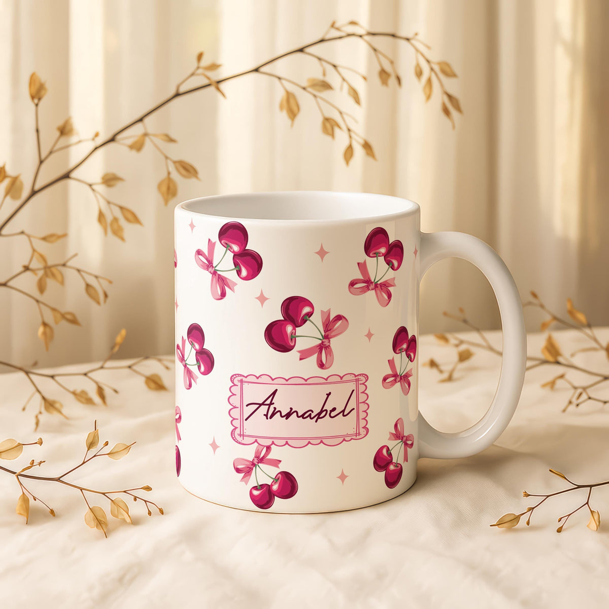 Custom Cherry Name Mug, Personalized Pink Bow Coffee Cup, Girly Pottery Tea Mug