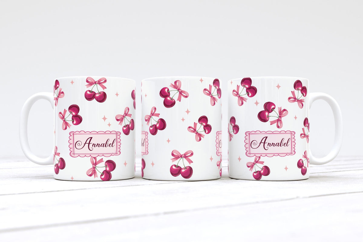 Custom Cherry Name Mug, Personalized Pink Bow Coffee Cup, Girly Pottery Tea Mug