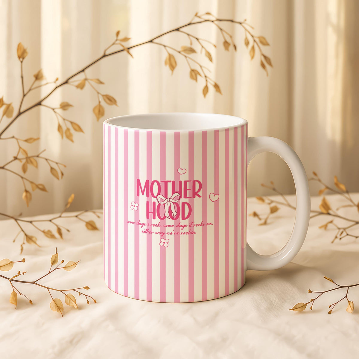 Pink Striped Motherhood Quote Ceramic Mug, Preppy Mom Coffee Cup