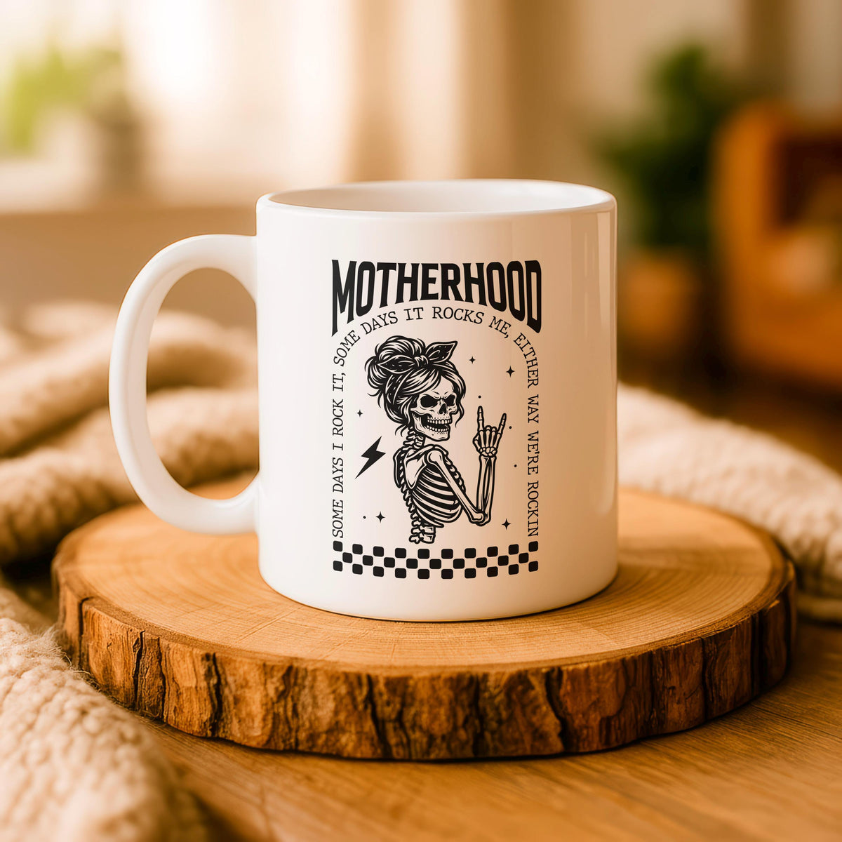 Motherhood Skull Mug, Rocker Mom Ceramic Cup, Edgy Mama Coffee Gift