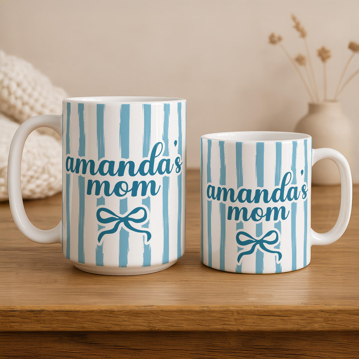 Personalized Mom Mug, Blue Striped Ceramic Coffee Cup
