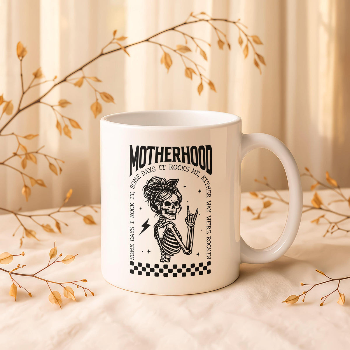 Motherhood Skull Mug, Rocker Mom Ceramic Cup, Edgy Mama Coffee Gift