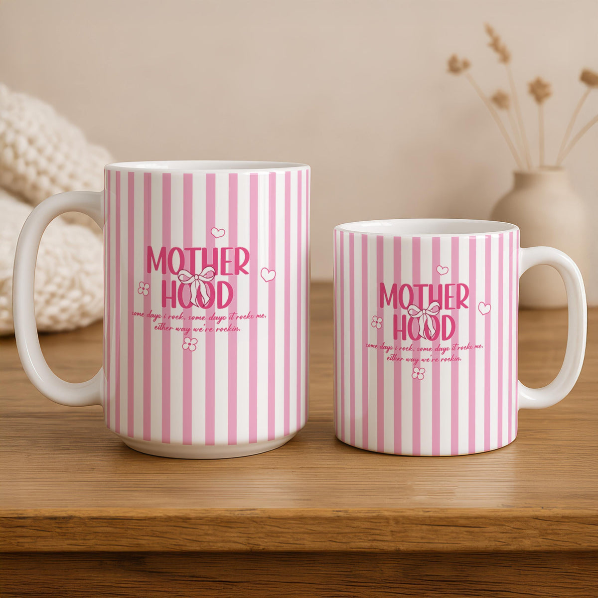 Pink Striped Motherhood Quote Ceramic Mug, Preppy Mom Coffee Cup