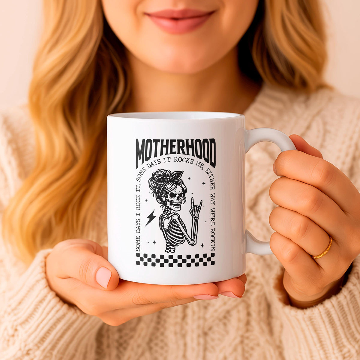 Motherhood Skull Mug, Rocker Mom Ceramic Cup, Edgy Mama Coffee Gift