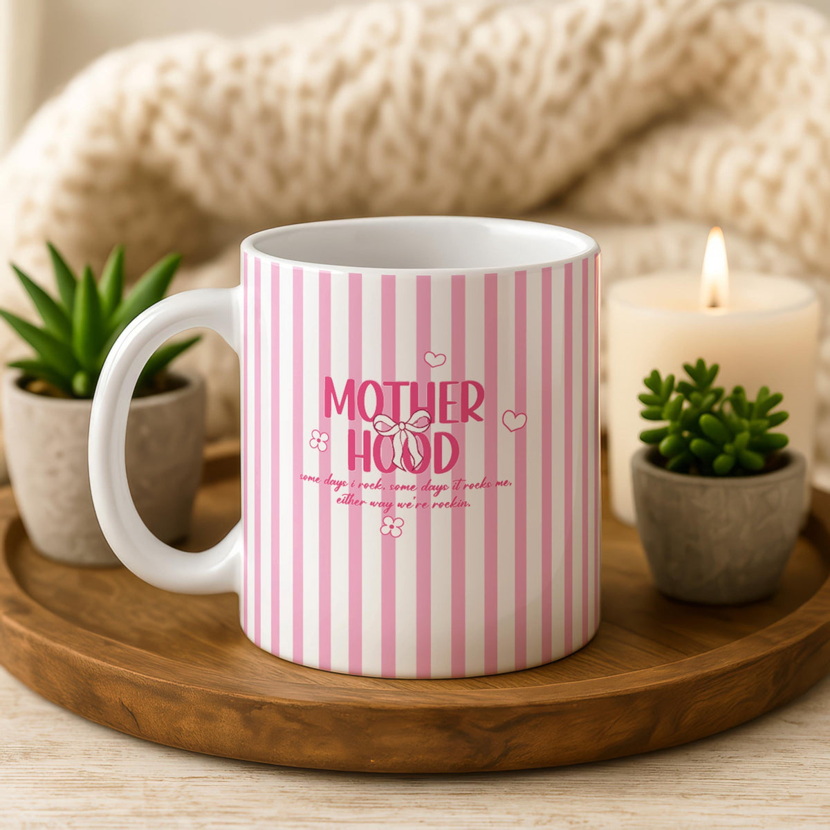 Pink Striped Motherhood Quote Ceramic Mug, Preppy Mom Coffee Cup